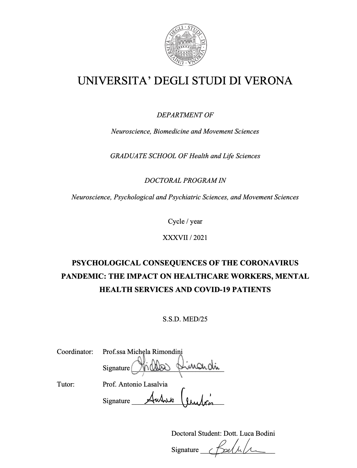 Copertina della tesi di dottorato di Luca Bodini, Università di Verona